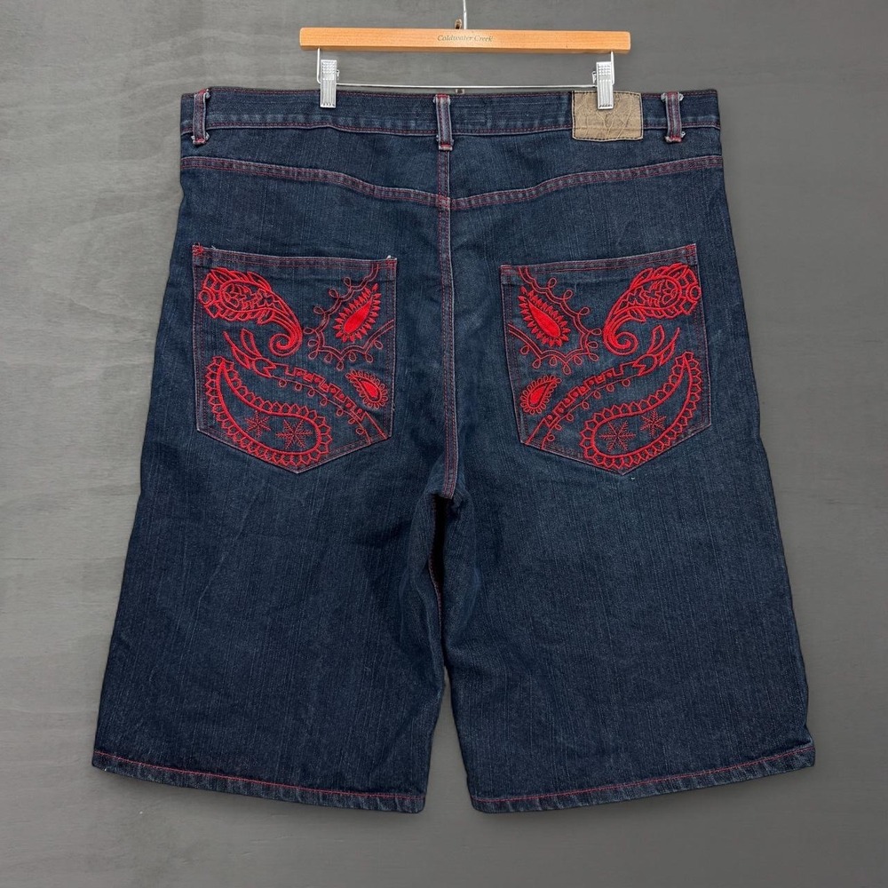 Corked Jeans Denim Shorts Blue Red Paisley Embroidered Baggy Y2K 46/15